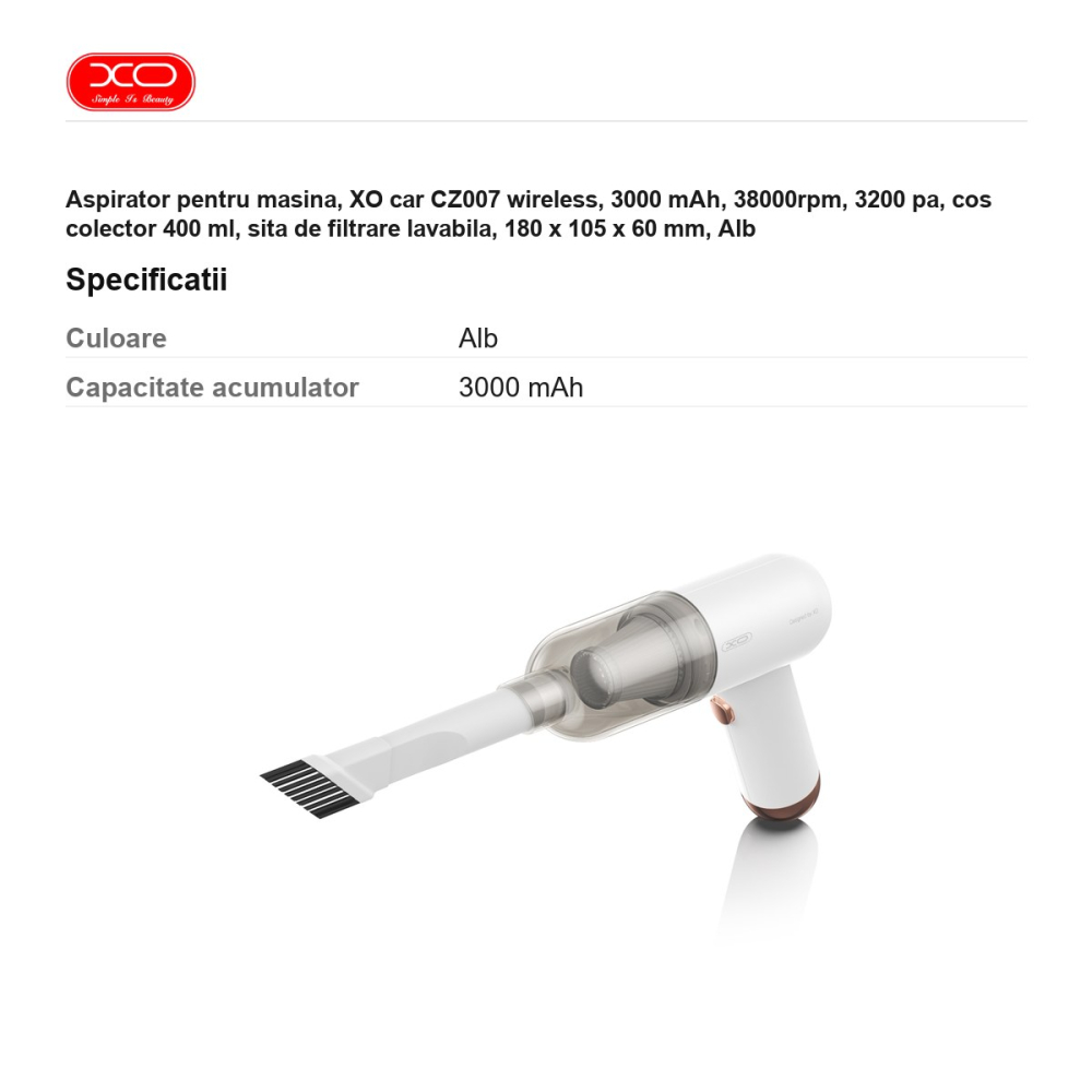 Aspirator pentru masina, XO car CZ007 wireless, 3000 mAh, 38000rpm, 3200 pa, cos colector 400 ml, sita de filtrare lavabila, 180 x 105 x 60 mm, Alb [3]