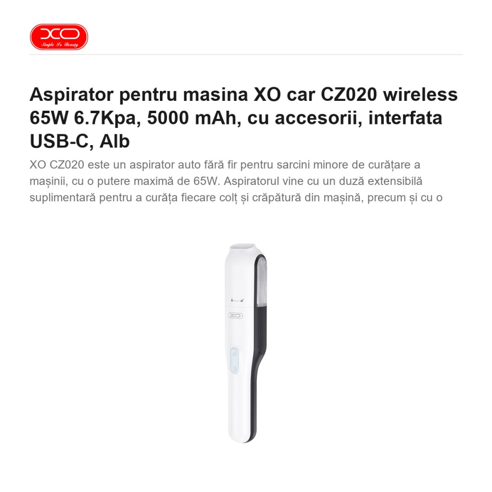 Aspirator pentru masina XO car CZ020 wireless 65W 6.7Kpa, 5000 mAh, cu accesorii, interfata USB-C, Alb [2]