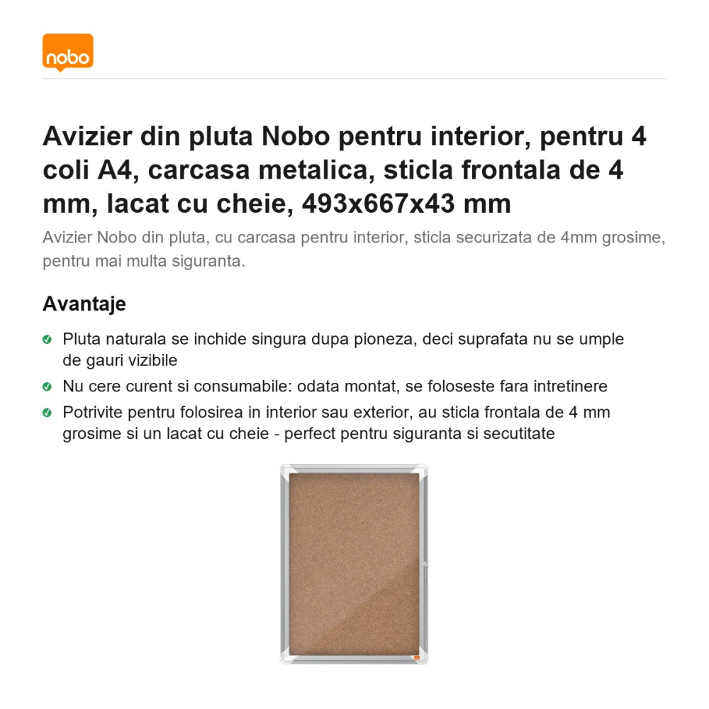 Avizier din pluta Nobo pentru interior, pentru 4 coli A4, carcasa metalica, sticla frontala de 4 mm, lacat cu cheie, 493x667x43 mm [2]