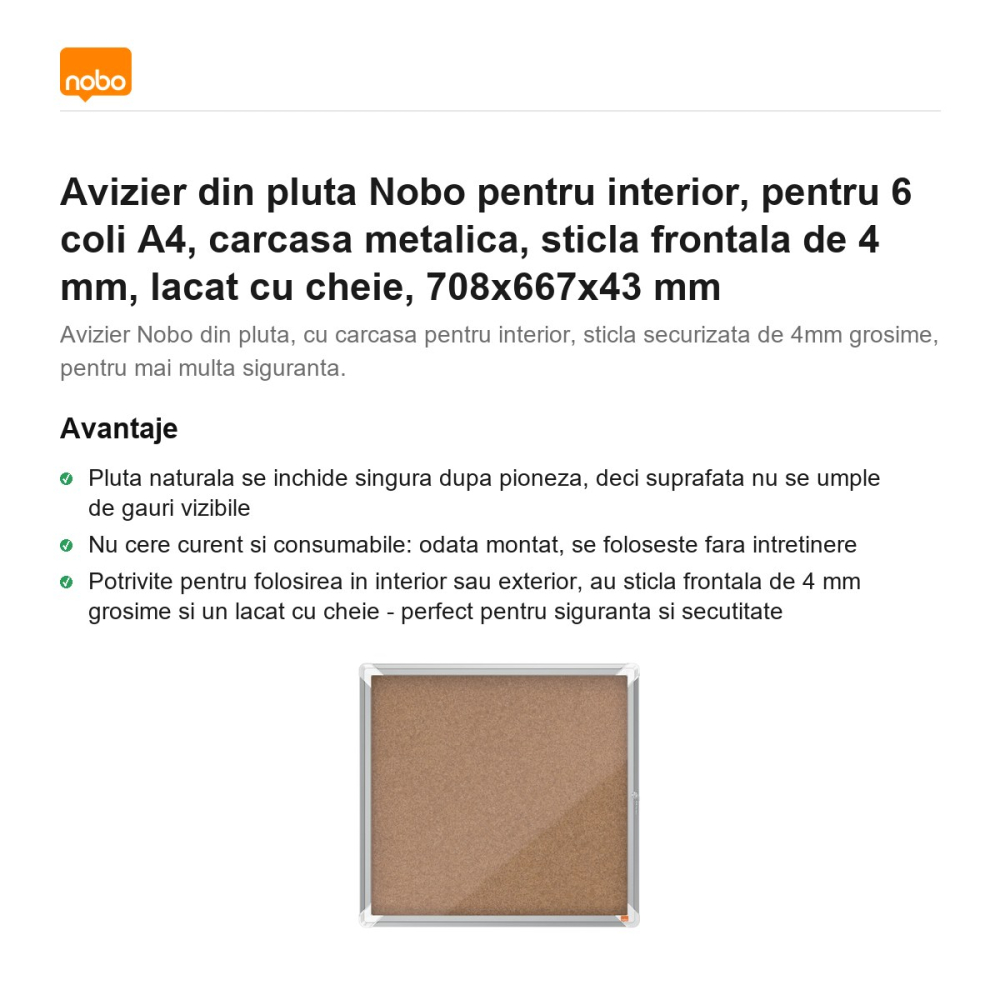 Avizier din pluta Nobo pentru interior, pentru 6 coli A4, carcasa metalica, sticla frontala de 4 mm, lacat cu cheie, 708x667x43 mm [2]