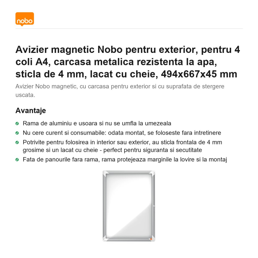 Avizier magnetic Nobo pentru exterior, pentru 4 coli A4, carcasa metalica rezistenta la apa, sticla de 4 mm, lacat cu cheie, 494x667x45 mm [2]