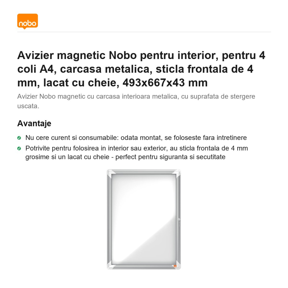 Avizier magnetic Nobo pentru interior, pentru 4 coli A4, carcasa metalica, sticla frontala de 4 mm, lacat cu cheie, 493x667x43 mm [2]