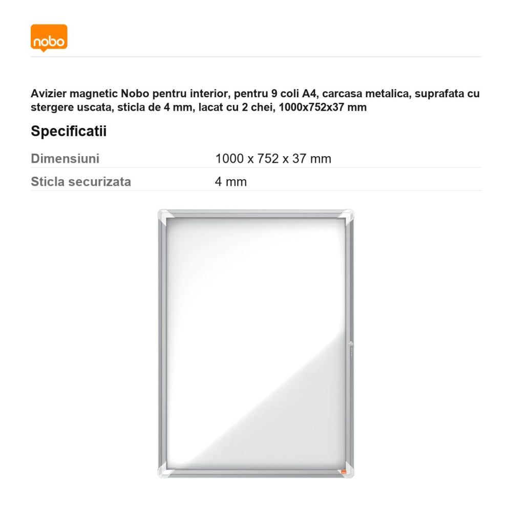 Avizier magnetic Nobo pentru interior, pentru 9 coli A4, carcasa metalica, suprafata cu stergere uscata, sticla de 4 mm, lacat cu 2 chei, 1000x752x37 mm [3]