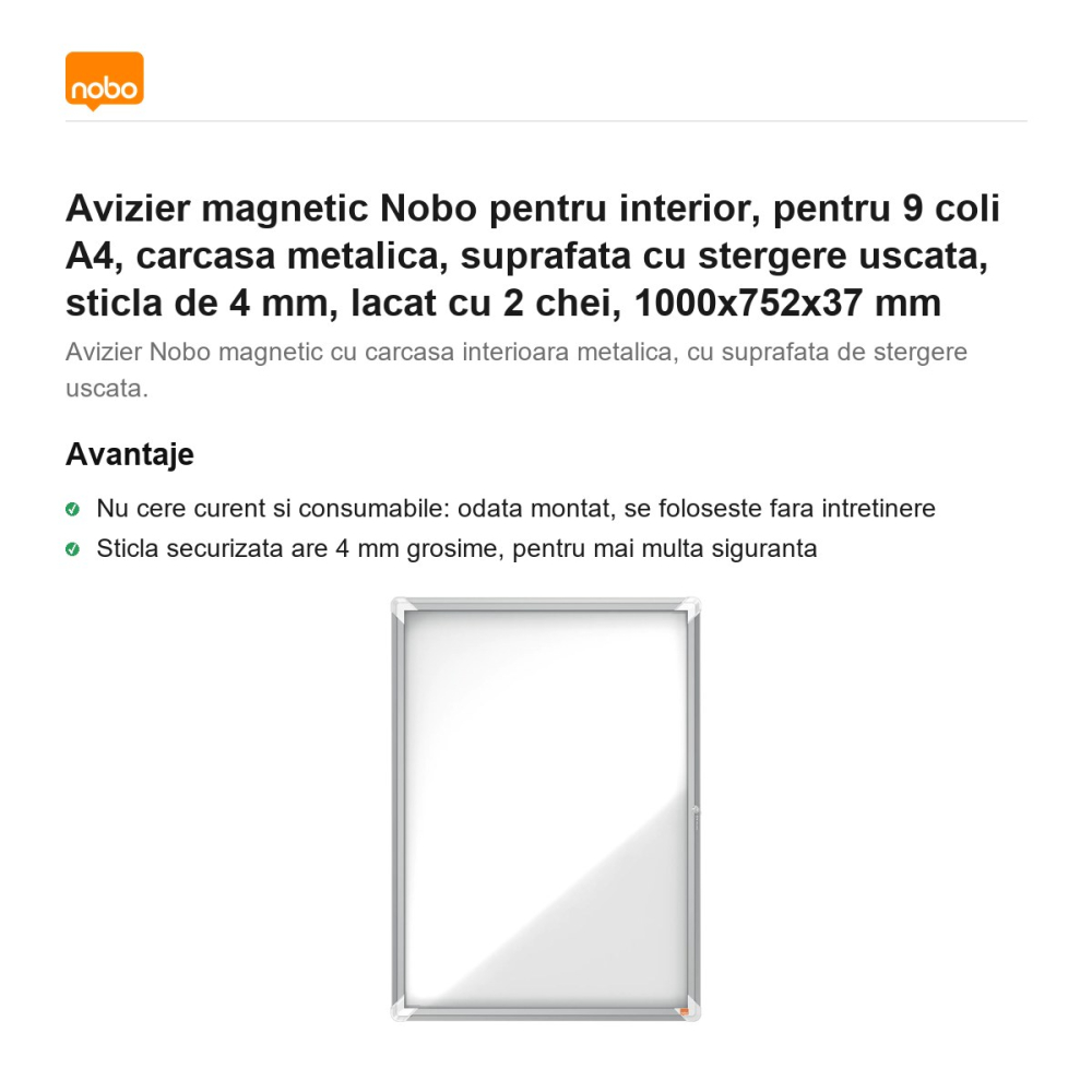 Avizier magnetic Nobo pentru interior, pentru 9 coli A4, carcasa metalica, suprafata cu stergere uscata, sticla de 4 mm, lacat cu 2 chei, 1000x752x37 mm [2]