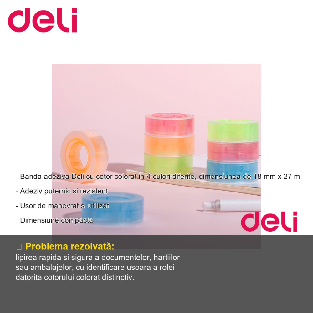 Banda adeziva cu cotor colorat Deli, 18 mm x 27 m, adeziv puternic, pentru birou si uz general [2]