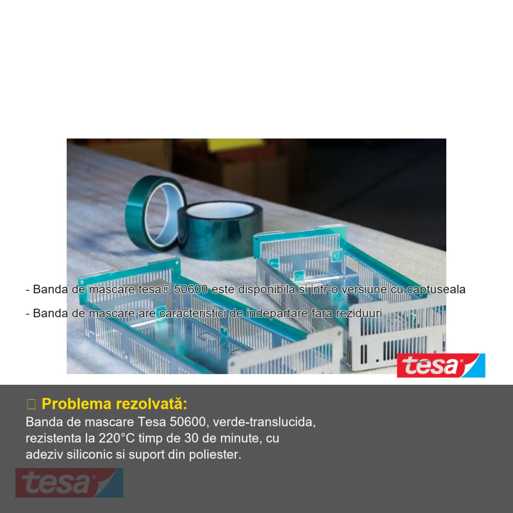 Banda adeziva de mascare Tesa 50600 pentru temperaturi inalte 220°C, suport poliester cu adeziv siliconic, 66m x 50mm, verde [2]