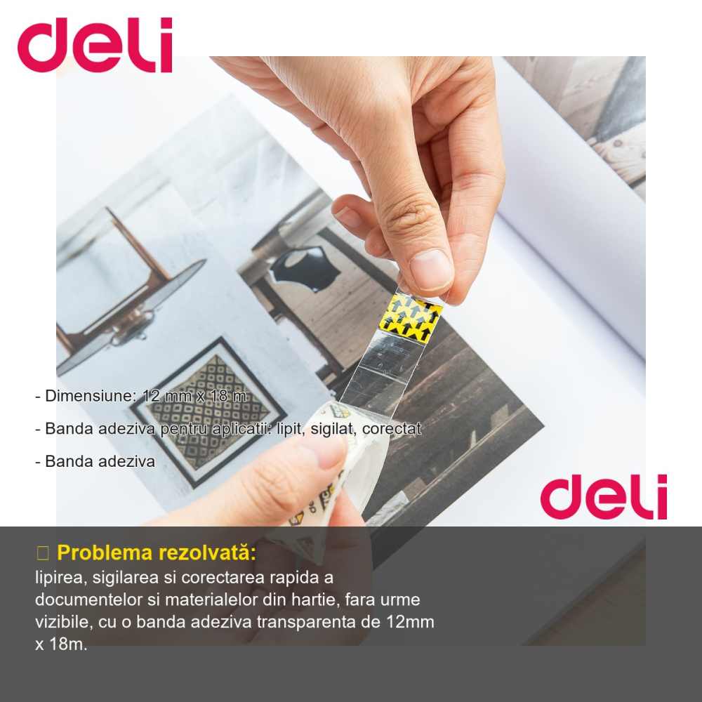 Banda adeziva Deli 12mm x 18m, transparenta, pentru lipit, sigilat si corectat [2]