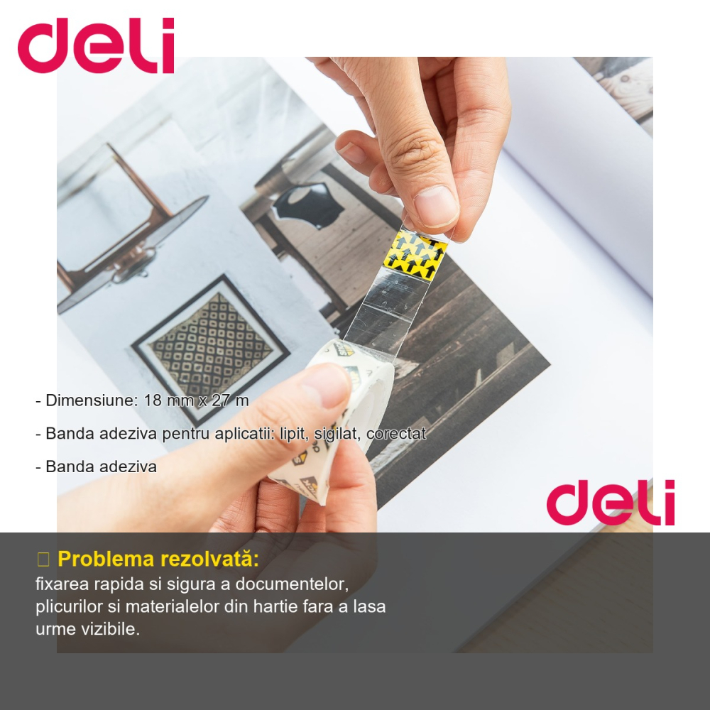 Banda adeziva Deli 18mm x 27m, transparenta, pentru lipit, sigilat si corectat documente [2]