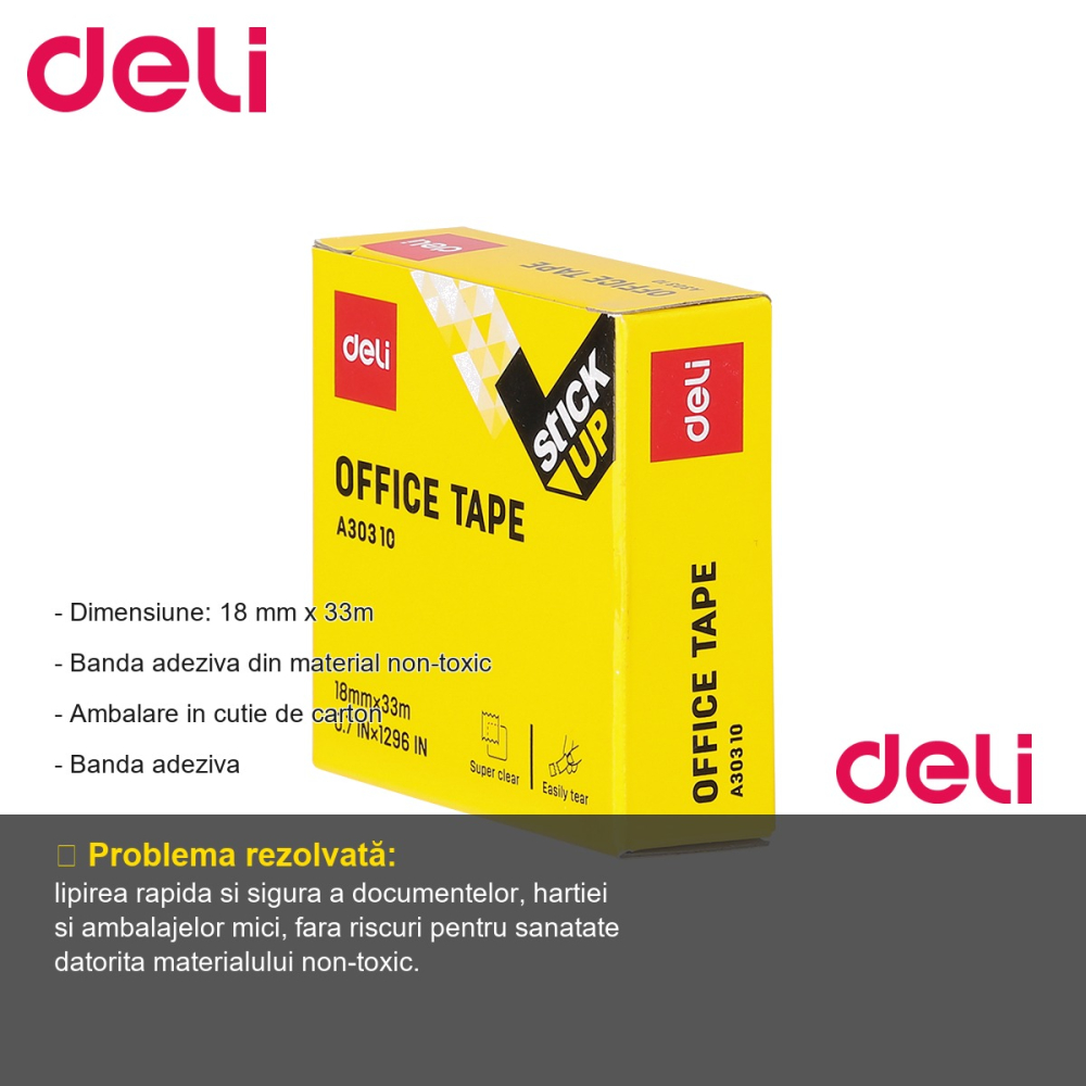 Banda adeziva Deli 18mm x 33m, non-toxica, ambalata in cutie de carton, pentru birou si uz general [2]