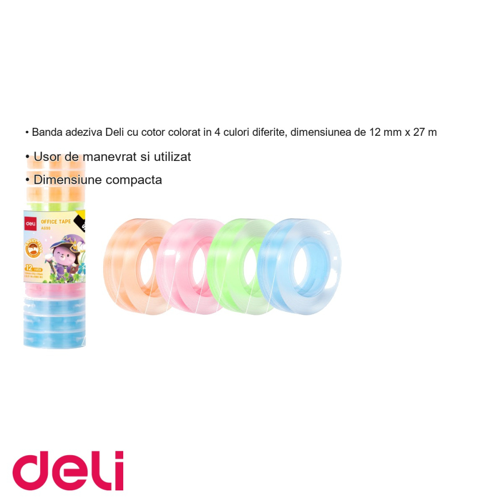 Banda adeziva Deli cu cotor color, 12mm x 27m, adeziv puternic, pentru birou si uz general [3]