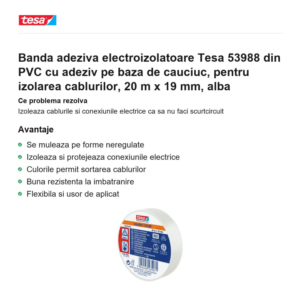 Banda adeziva electroizolatoare Tesa 53988 din PVC cu adeziv pe baza de cauciuc, pentru izolarea cablurilor, 20 m x 19 mm, alba [2]