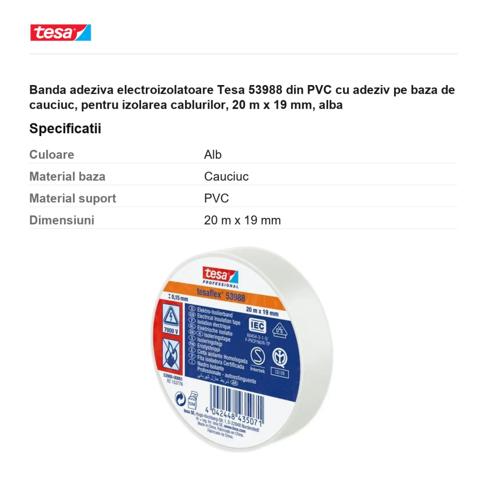 Banda adeziva electroizolatoare Tesa 53988 din PVC cu adeziv pe baza de cauciuc, pentru izolarea cablurilor, 20 m x 19 mm, alba [3]