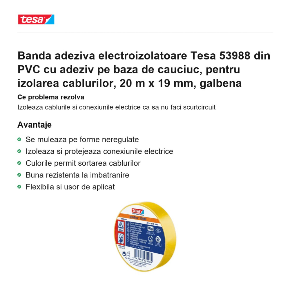 Banda adeziva electroizolatoare Tesa 53988 din PVC cu adeziv pe baza de cauciuc, pentru izolarea cablurilor, 20 m x 19 mm, galbena [2]