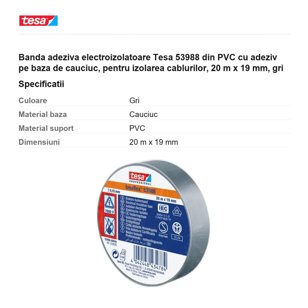 Banda adeziva electroizolatoare Tesa 53988 din PVC cu adeziv pe baza de cauciuc, pentru izolarea cablurilor, 20 m x 19 mm, gri [3]