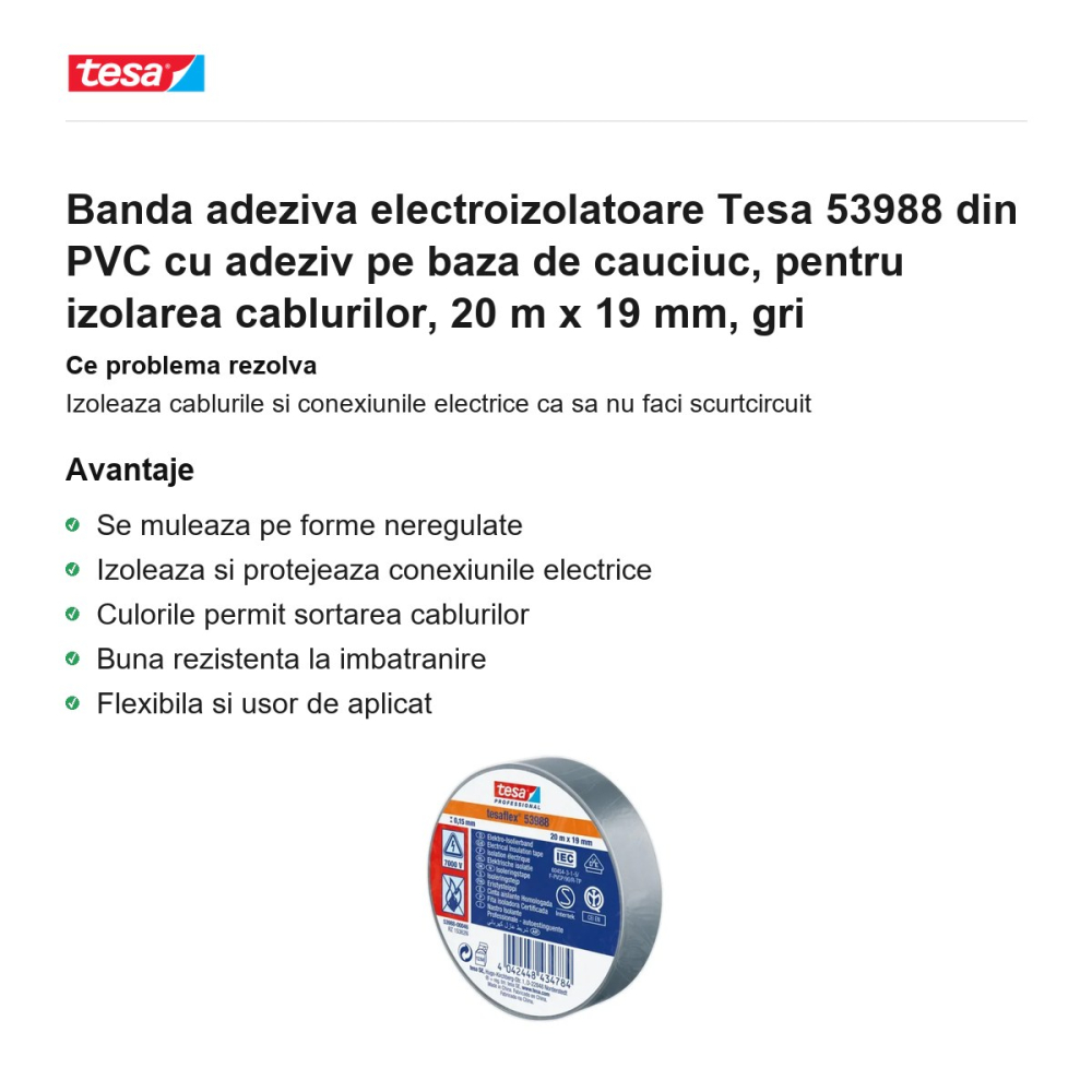 Banda adeziva electroizolatoare Tesa 53988 din PVC cu adeziv pe baza de cauciuc, pentru izolarea cablurilor, 20 m x 19 mm, gri [2]