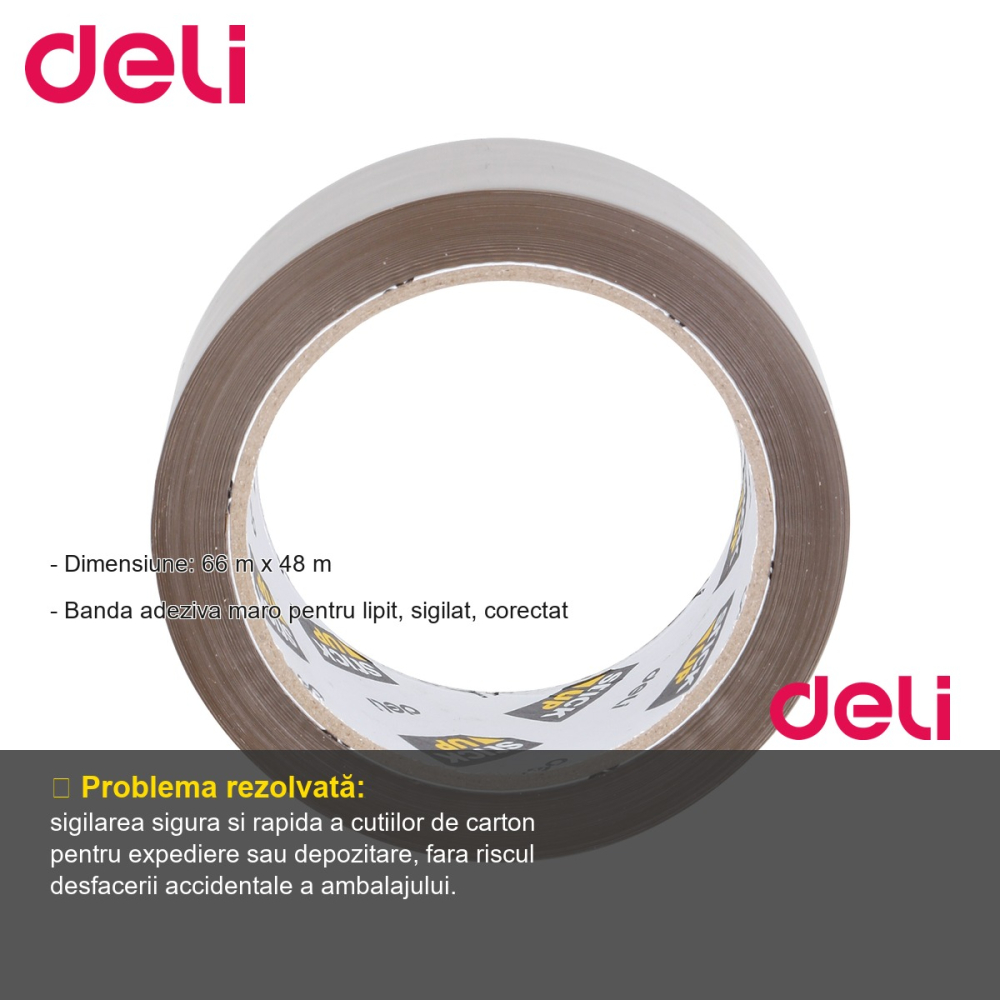 Banda adeziva maro Deli, 66 m x 48 mm, pentru ambalare, sigilare si lipire colete [2]