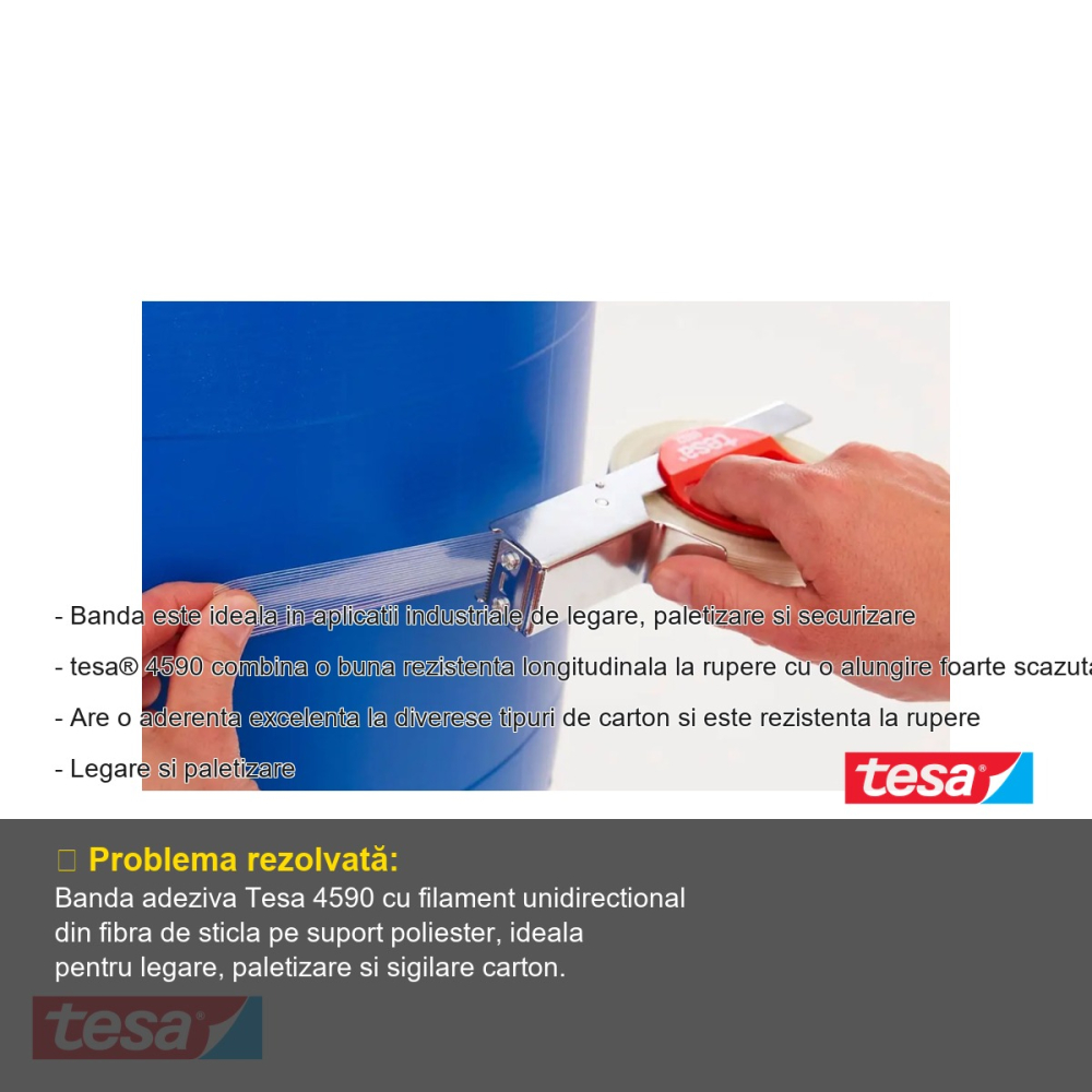 Banda adeziva monofilament Tesa 4590, rezistenta la rupere, pentru legare si paletizare industriala, 50m x 25mm [2]