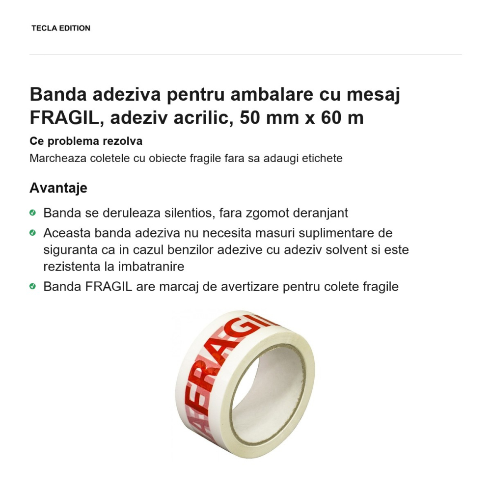 Banda adeziva pentru ambalare cu mesaj FRAGIL, adeziv acrilic, 50 mm x 60 m [2]
