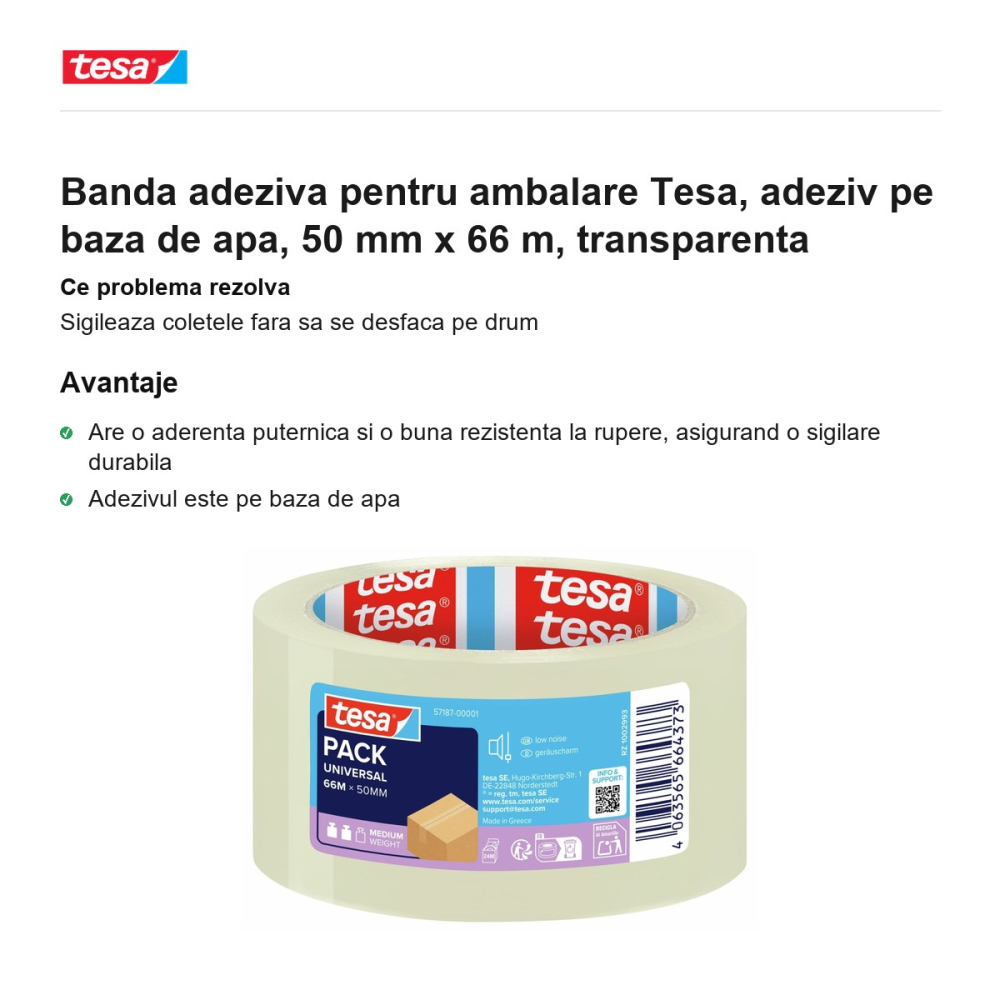Banda adeziva pentru ambalare Tesa, adeziv pe baza de apa, 50 mm x 66 m, transparenta [2]