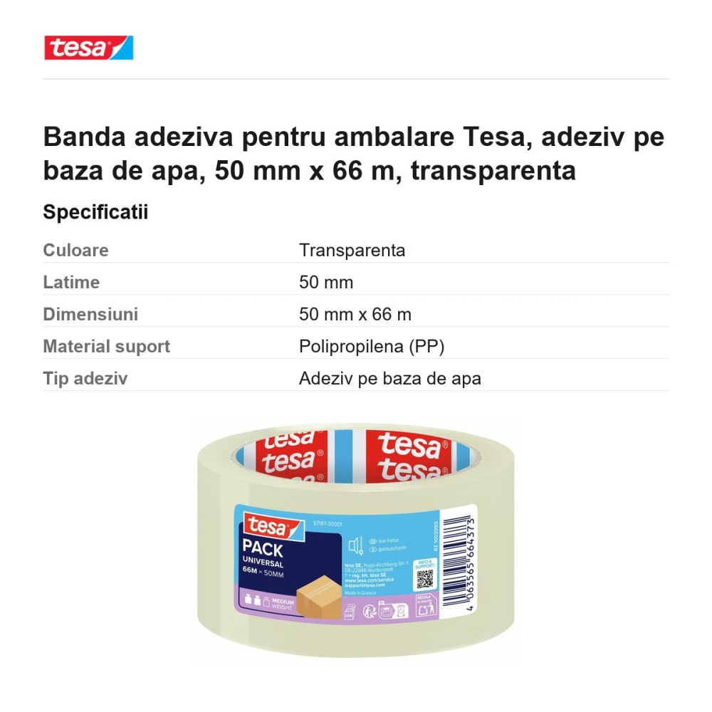 Banda adeziva pentru ambalare Tesa, adeziv pe baza de apa, 50 mm x 66 m, transparenta [3]