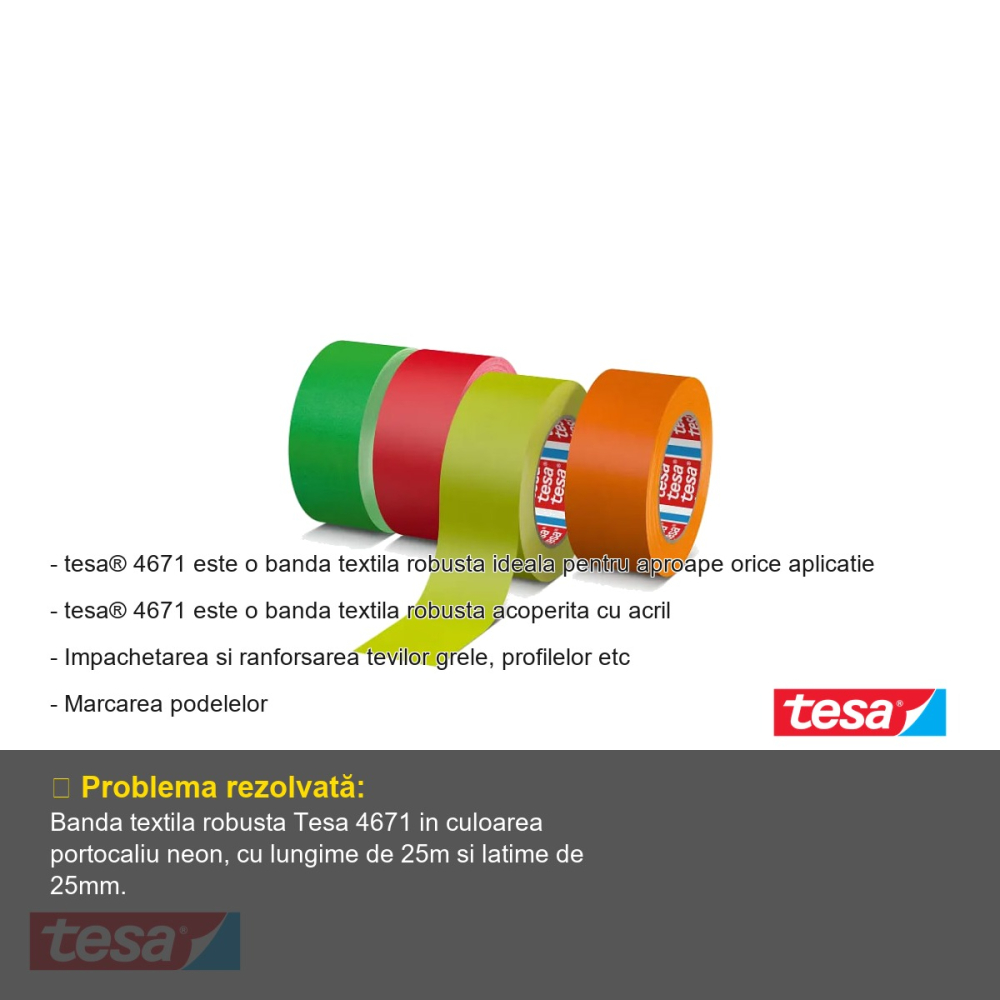 Banda adeziva textila Tesa 4671, portocaliu neon, rezistenta, pentru marcare si ambalare, 25m x 25mm [2]