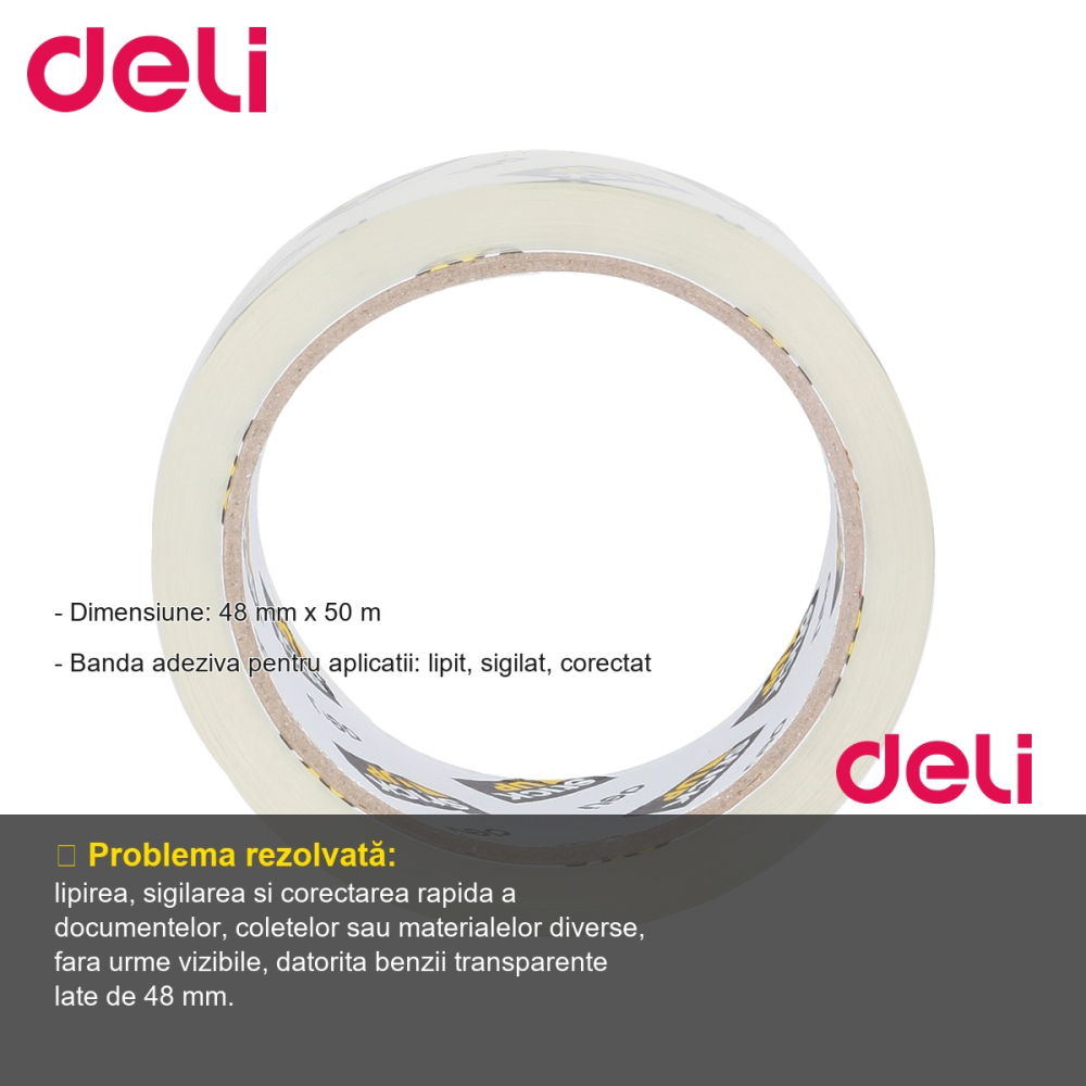 Banda adeziva transparenta Deli, 48 mm x 50 m, pentru lipit, sigilat si corectat [2]