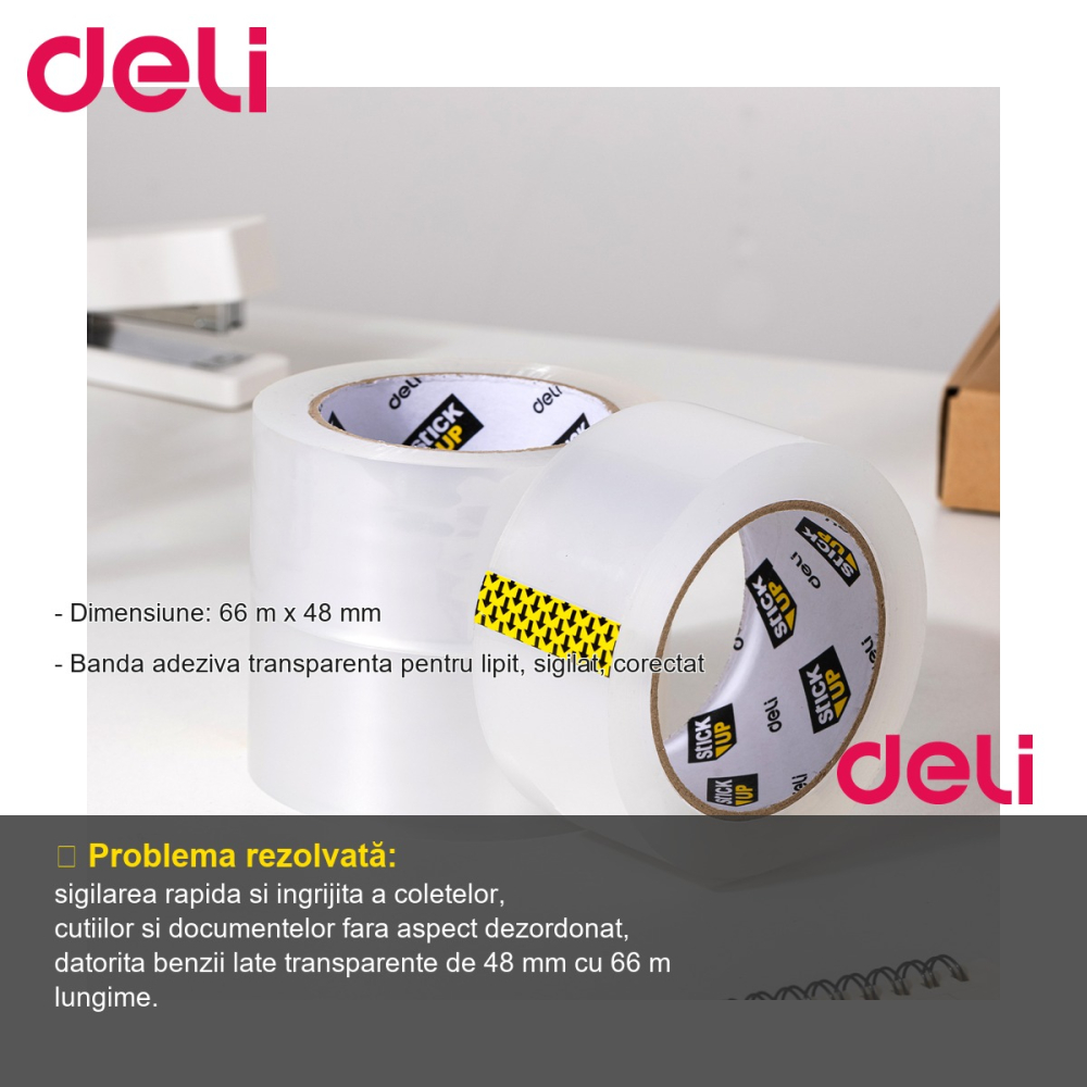 Banda adeziva transparenta Deli, 66 m x 48 mm, pentru lipit, sigilat si corectat [2]