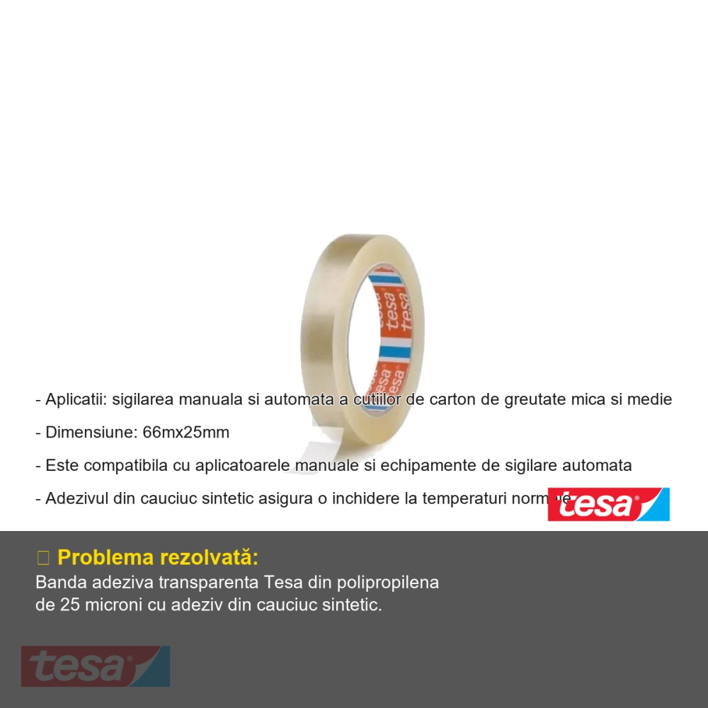 BANDA ADEZIVA TRANSPARENTA 66M 25MM ADEZIV CAUCIUC SINTETIC TESA [2]
