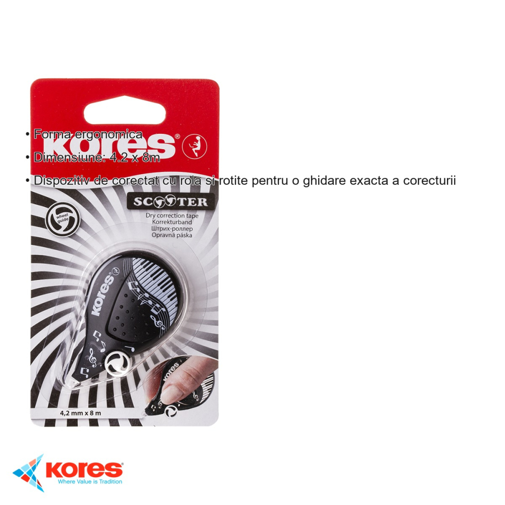 Banda corectoare Kores Scooter Black White, 4.2mm x 8m, film uscat cu rescriere imediata, pentru birou si scoala [3]
