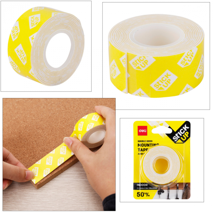 Banda dublu adeziva buretata alba, 25.4mm x 1.5m, DELI A350 11, rezistenta pana la 50kg/m, lipire suprafete multiple [3]