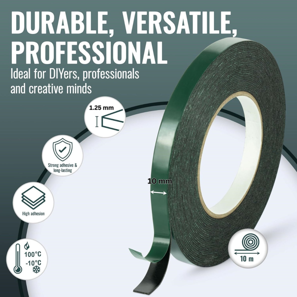 Banda dublu adeziva din spuma neagra, 10mm x 10m, rezistenta la apa si UV, pentru utilizare auto si casa, cu folie verde [2]