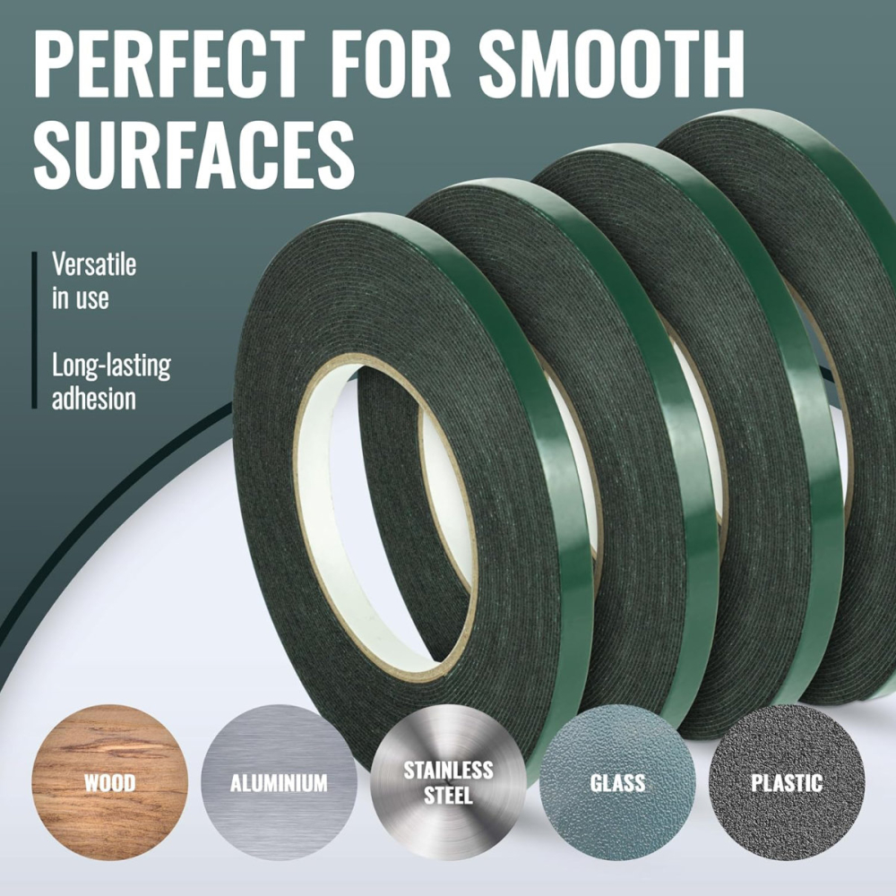 Banda dublu adeziva din spuma neagra, 10mm x 10m, rezistenta la apa si UV, pentru utilizare auto si casa, cu folie verde [4]