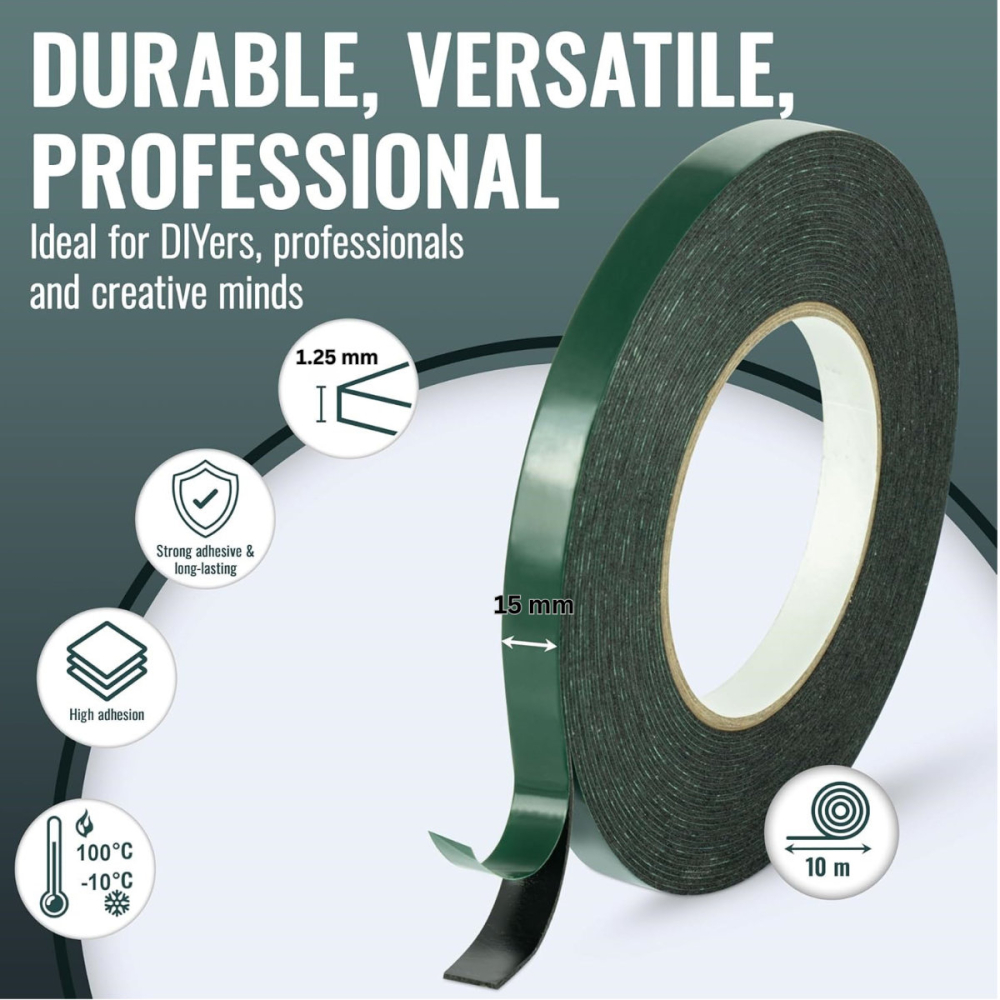 Banda dublu adeziva din spuma neagra lata, 15mm x 10m, rezistenta la apa si UV, pentru utilizari diverse si bricolaj, cu folie verde [2]