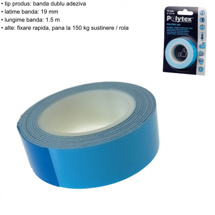 Banda dublu adeziva pentru montare, Polytex 01600, 19mm latime, 1.5m lungime, albastra [6]