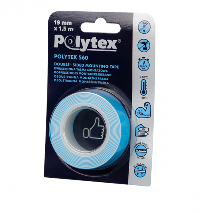 Banda dublu adeziva pentru montare, Polytex 01600, 19mm latime, 1.5m lungime, albastra [5]