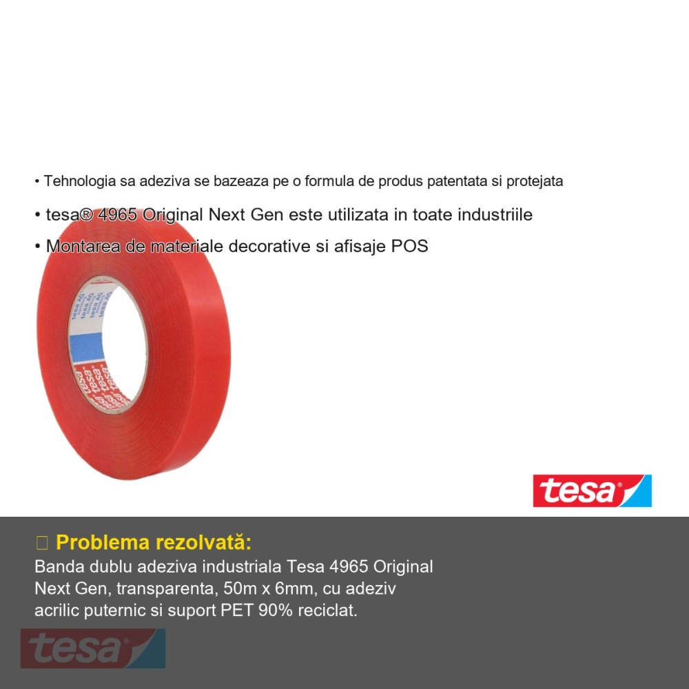 Banda dublu adeziva transparenta Tesa 4965 Original Next Gen, 50m x 6mm, montaj industrial, suport PET reciclat [3]
