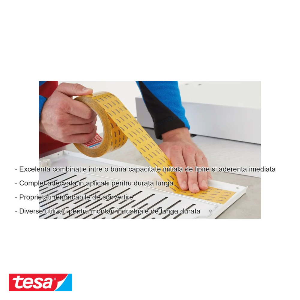Banda dublu adeziva transparenta Tesa 51966, suport PET reciclat, adeziv acrilic puternic, 50m x 15mm, pentru montaj industrial de lunga durata [2]