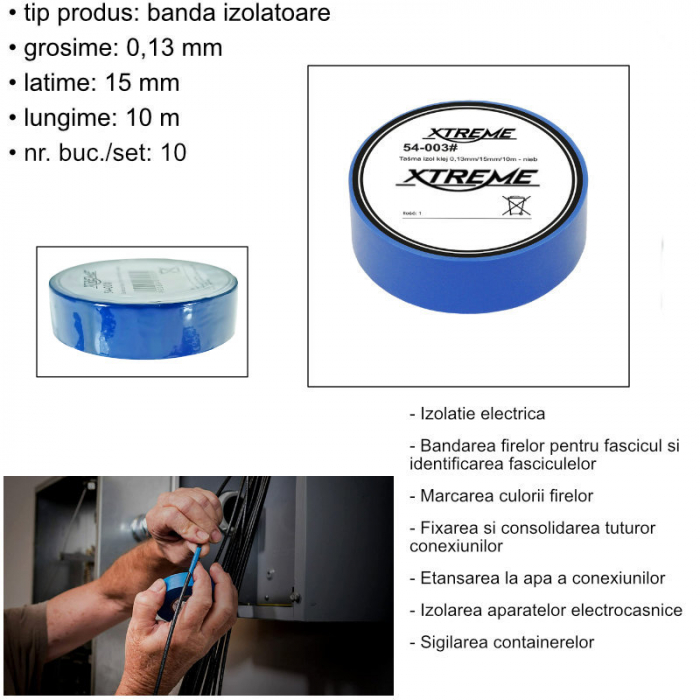 Banda izolatoare adeziva, XTREME 07053, 0.13mmx15mm, 10m lungime, PVC, albastra [4]