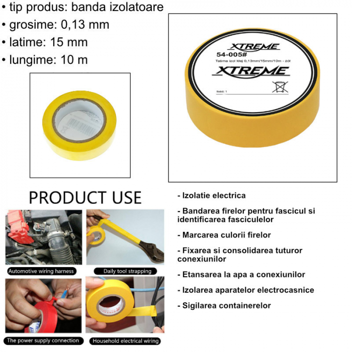 Banda izolatoare adeziva, XTREME 07055, 0.13mmx15mm, 10m lungime, PVC, galbena [4]