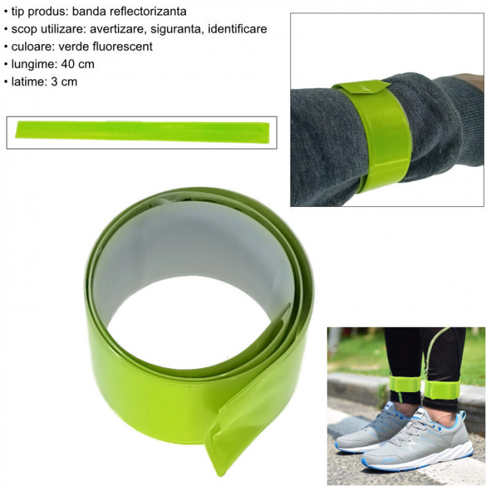 Banda reflectorizanta cu auto-strangere, cod 06893, lungime 40 cm, latime 3 cm, pentru vizibilitate, verde fluorescent [5]