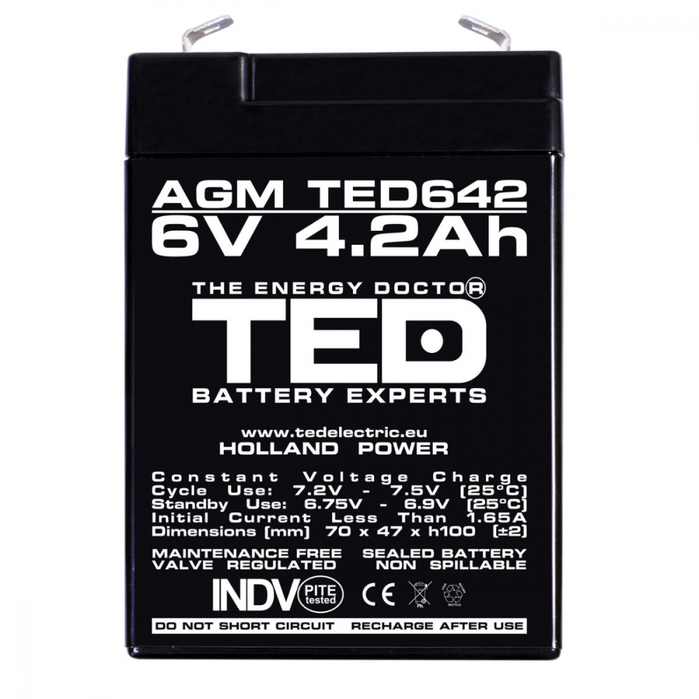 Baterie 6V 4.2Ah VRLA AGM Stationara TED Electric, pentru UPS, Echipamente Medicale si Sisteme de Securitate, 70 x 48 x 101 mm, TED642 [2]