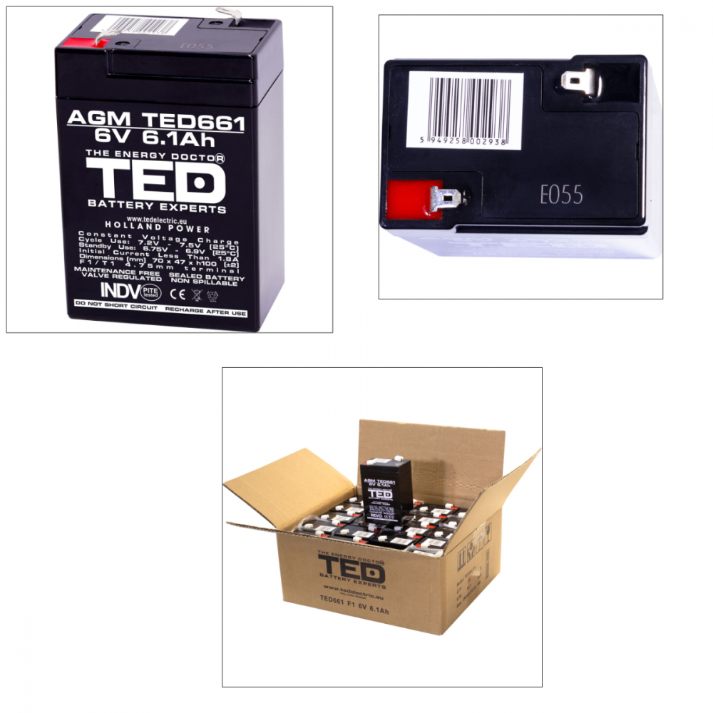 Baterie 6V 6.1Ah VRLA AGM Stationara TED Electric , pentru UPS, Echipamente Medicale, Sisteme de Securitate si Iluminat, 70 x 48 x 101 mm, TED661 [4]