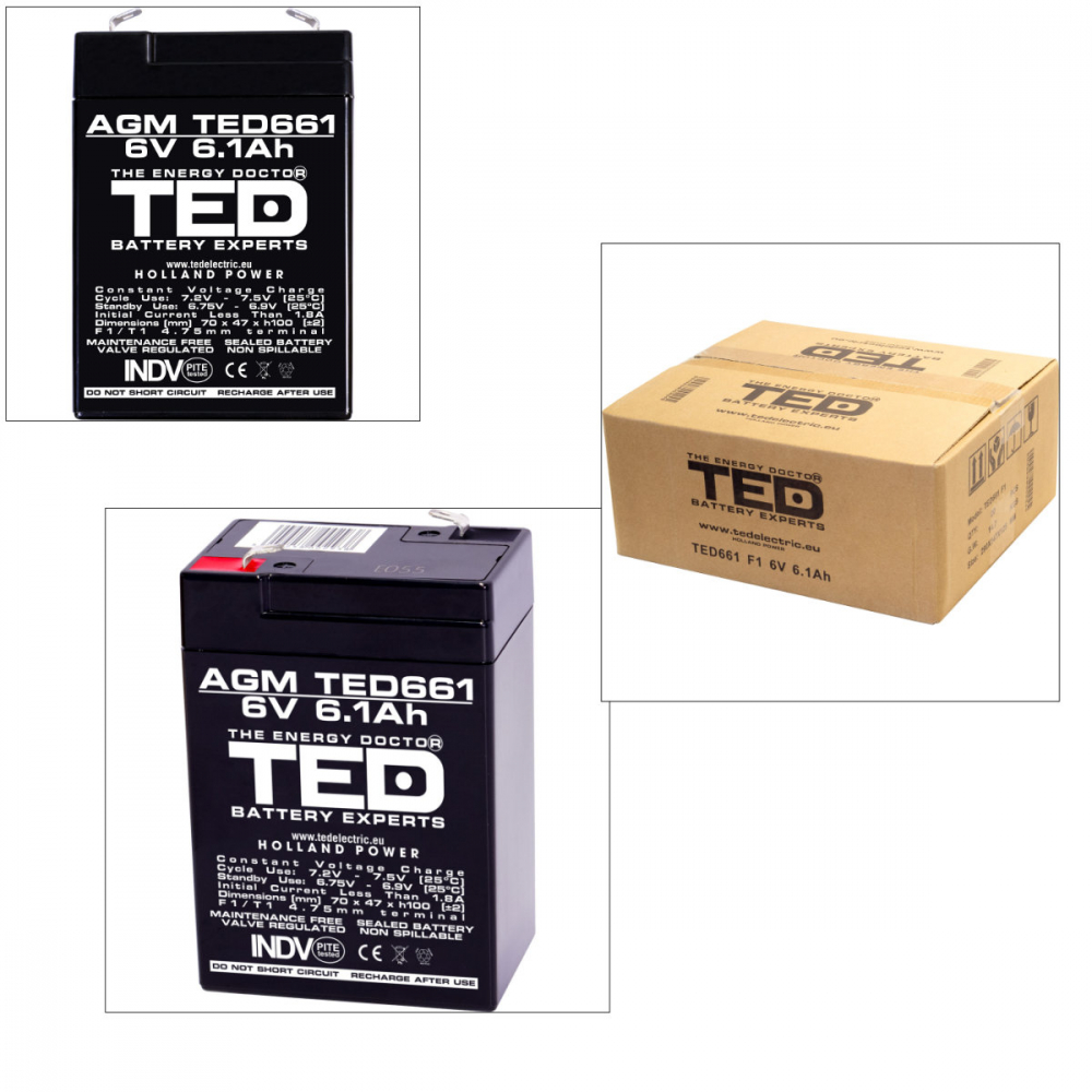 Baterie 6V 6.1Ah VRLA AGM Stationara TED Electric , pentru UPS, Echipamente Medicale, Sisteme de Securitate si Iluminat, 70 x 48 x 101 mm, TED661 [5]