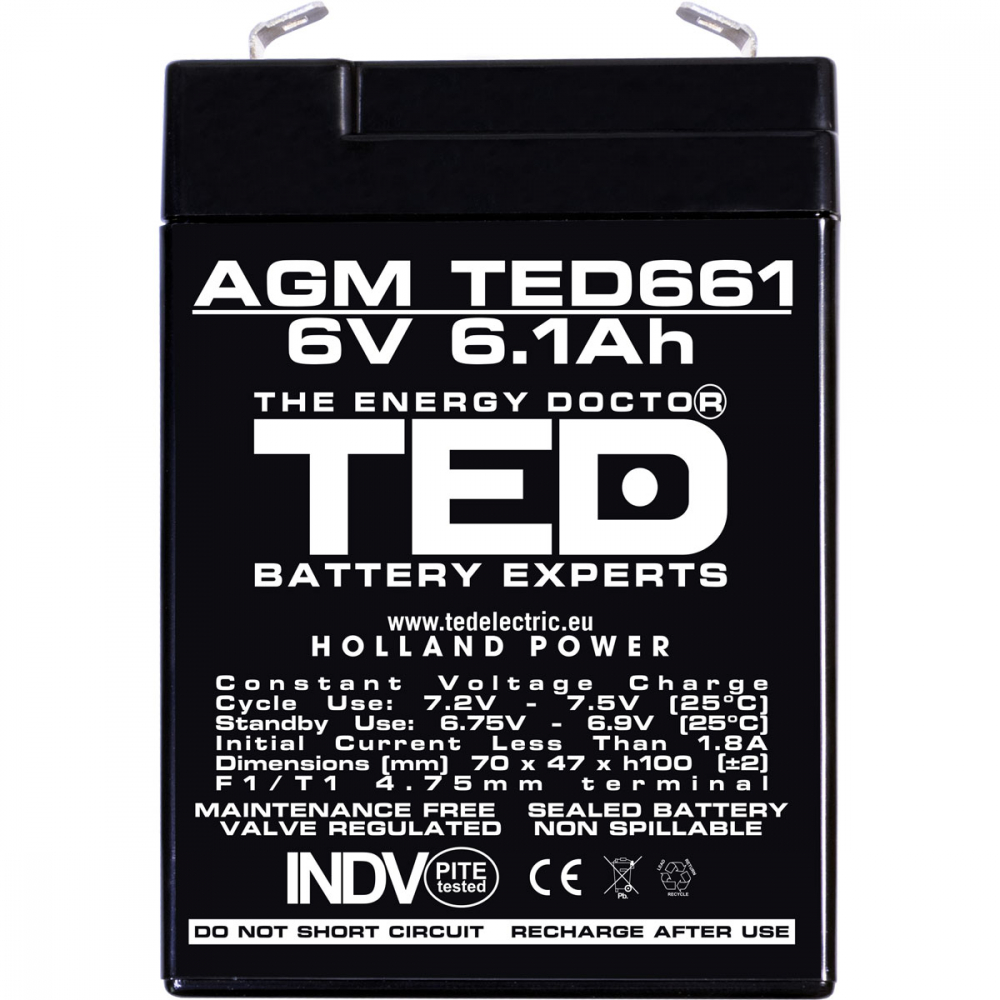 Baterie 6V 6.1Ah VRLA AGM Stationara TED Electric , pentru UPS, Echipamente Medicale, Sisteme de Securitate si Iluminat, 70 x 48 x 101 mm, TED661 [2]