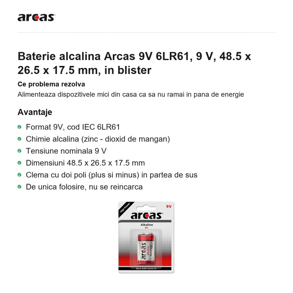 Baterie alcalina Arcas 9V 6LR61, 9 V, 48.5 x 26.5 x 17.5 mm, in blister [2]