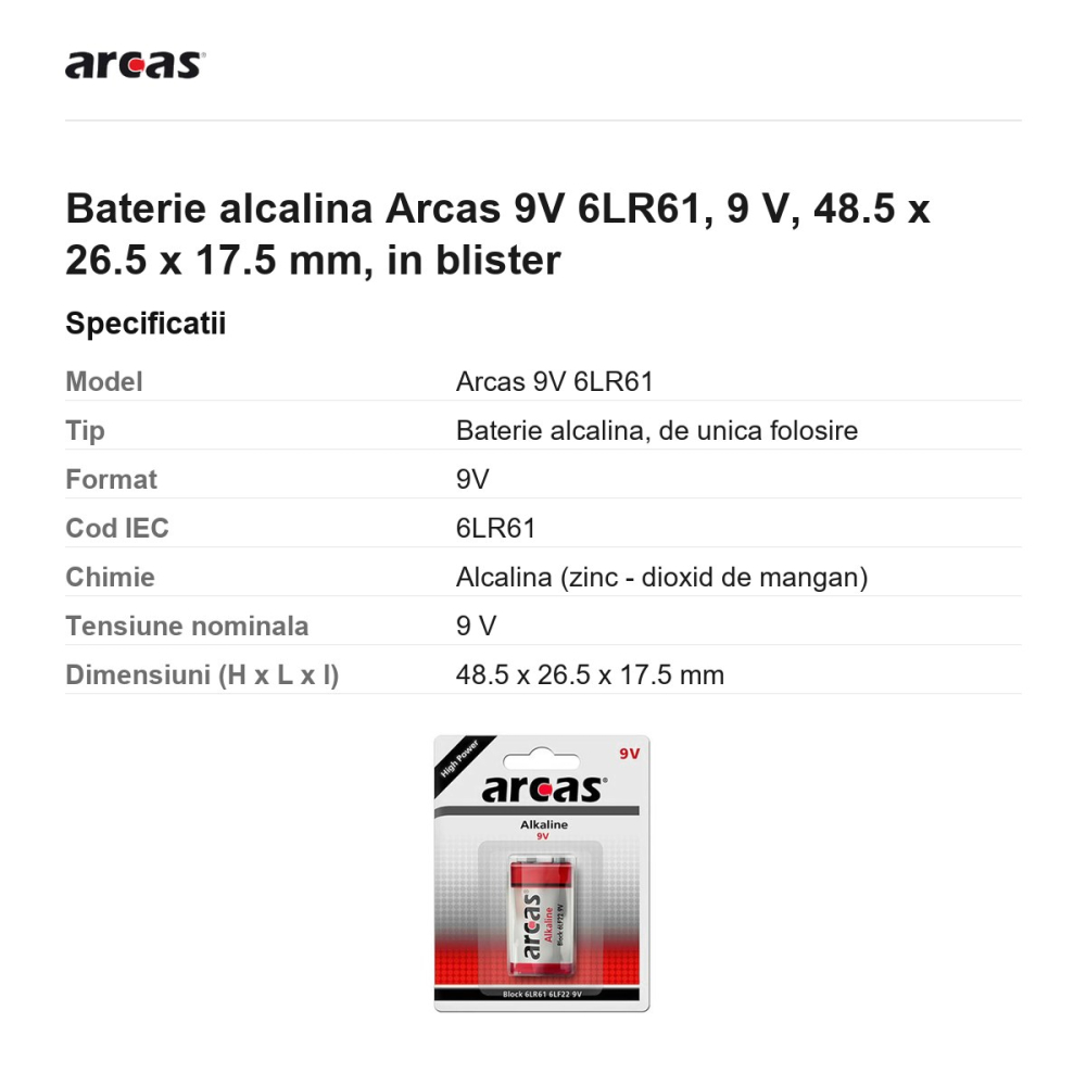 Baterie alcalina Arcas 9V 6LR61, 9 V, 48.5 x 26.5 x 17.5 mm, in blister [3]