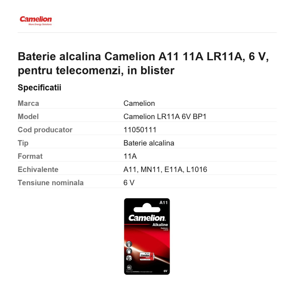 Baterie alcalina Camelion A11 11A LR11A, 6 V, pentru telecomenzi, in blister [3]