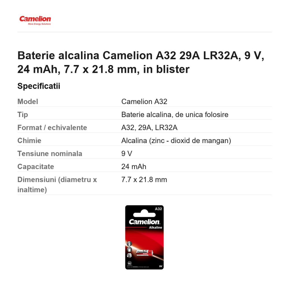 Baterie alcalina Camelion A32 29A LR32A, 9 V, 24 mAh, 7.7 x 21.8 mm, in blister [3]