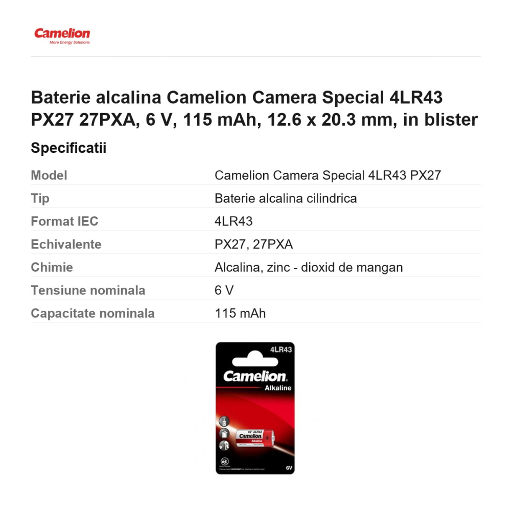 Baterie alcalina Camelion Camera Special 4LR43 PX27 27PXA, 6 V, 115 mAh, 12.6 x 20.3 mm, in blister [3]
