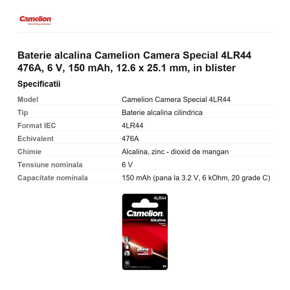 Baterie alcalina Camelion Camera Special 4LR44 476A, 6 V, 150 mAh, 12.6 x 25.1 mm, in blister [3]